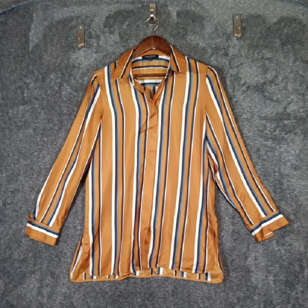 Lafayette 148 New York Striped Blouse Silk Mustard/golden Tone Womens Small - Picture 3 of 9